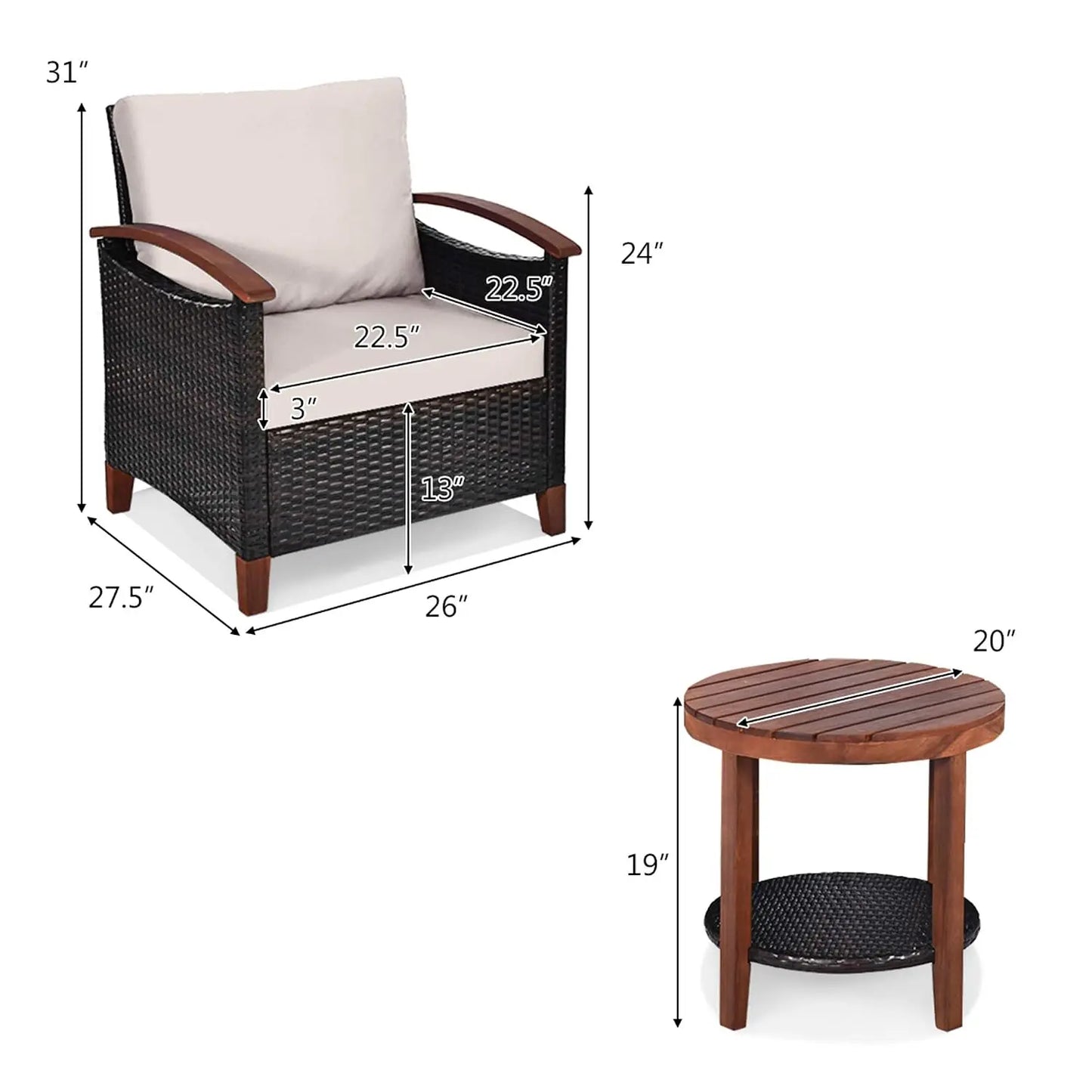 3-Piece Wicker Patio Set, Outdoor Rattan Table & Chairs with Wood Top for Balcony Porch Deck, All-Weather, Beige, Customized