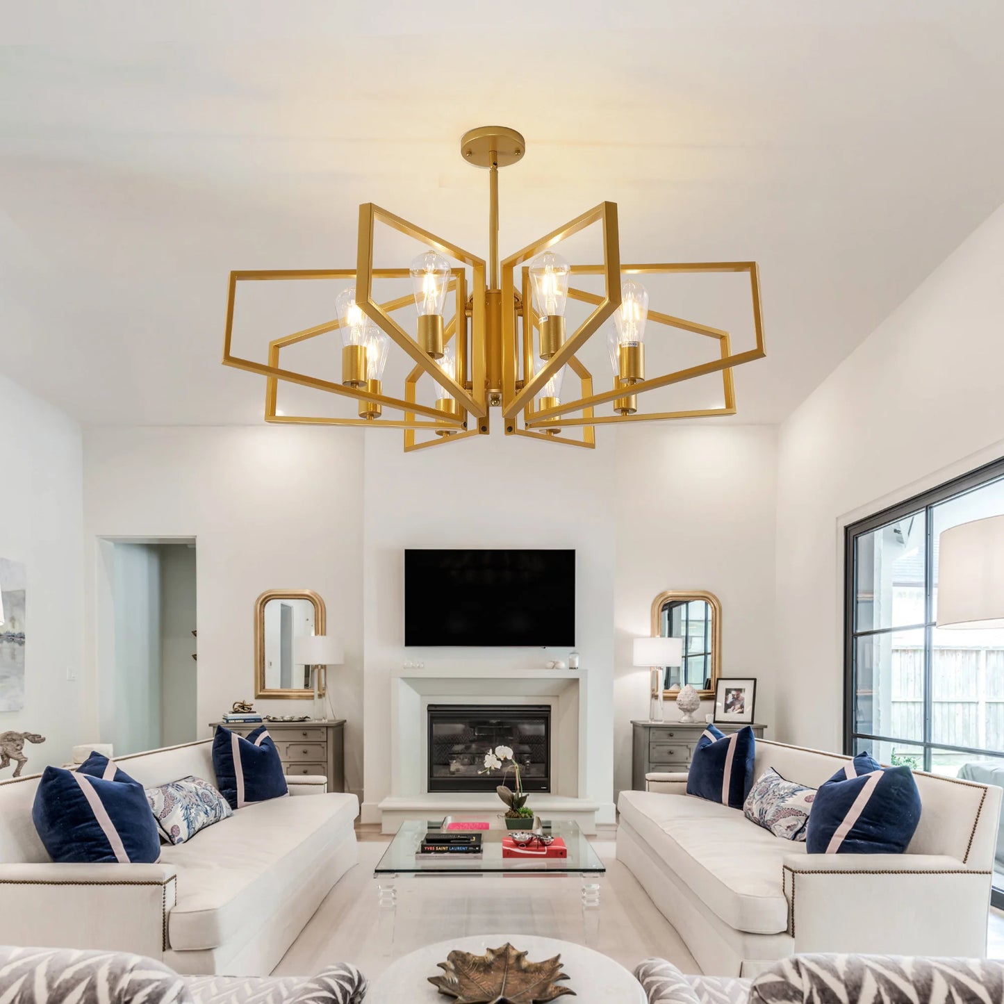 Modern 8-Light Geometric Chandelier Adjustable Height Metal Pendant Light with Black Frame & Golden Accents Ceiling Light Decor