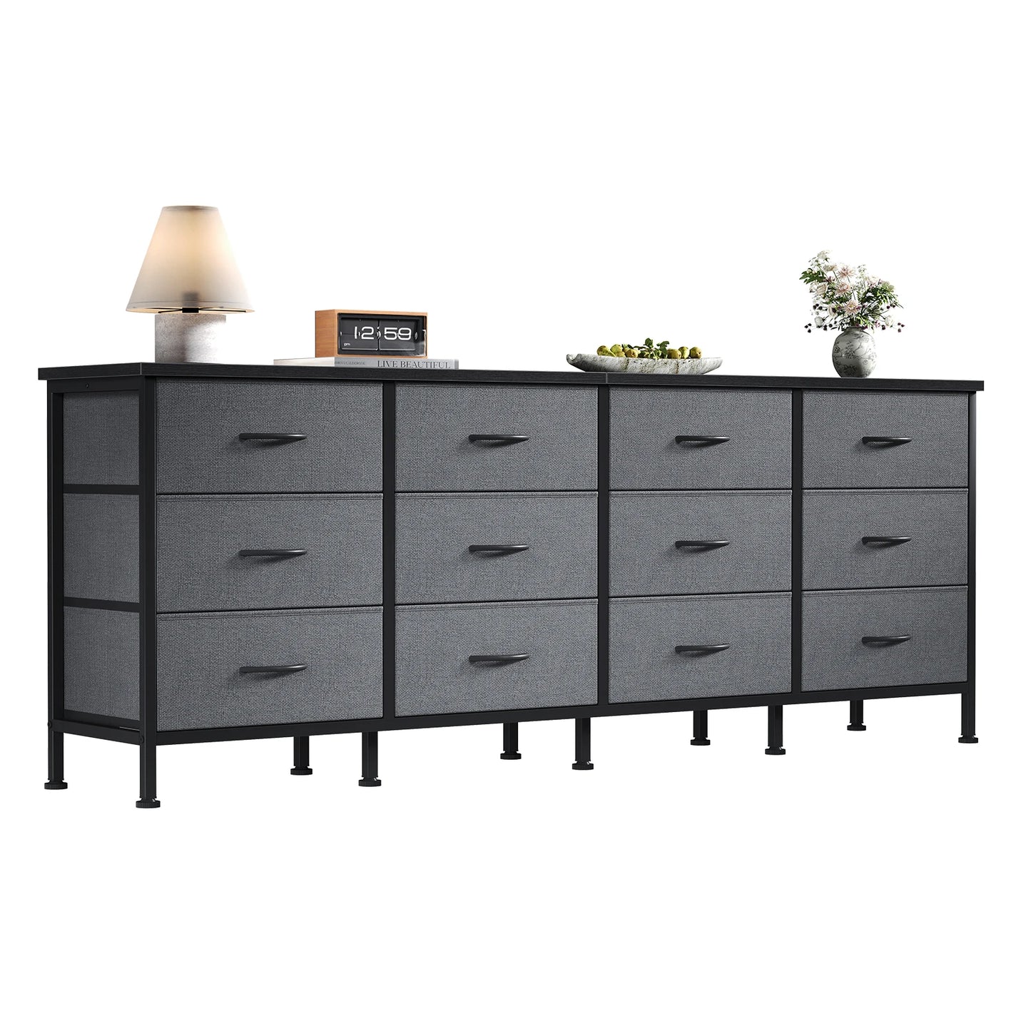 JHK 12 Fabric Cabinet For Living Room Drawers Beside Nightstand Tables Wood Top Entertainment Center Large Fabric TV Consoles for Bedroom Up to 80'' TVs Storage Closet Chest Clothes Display Of Furniture