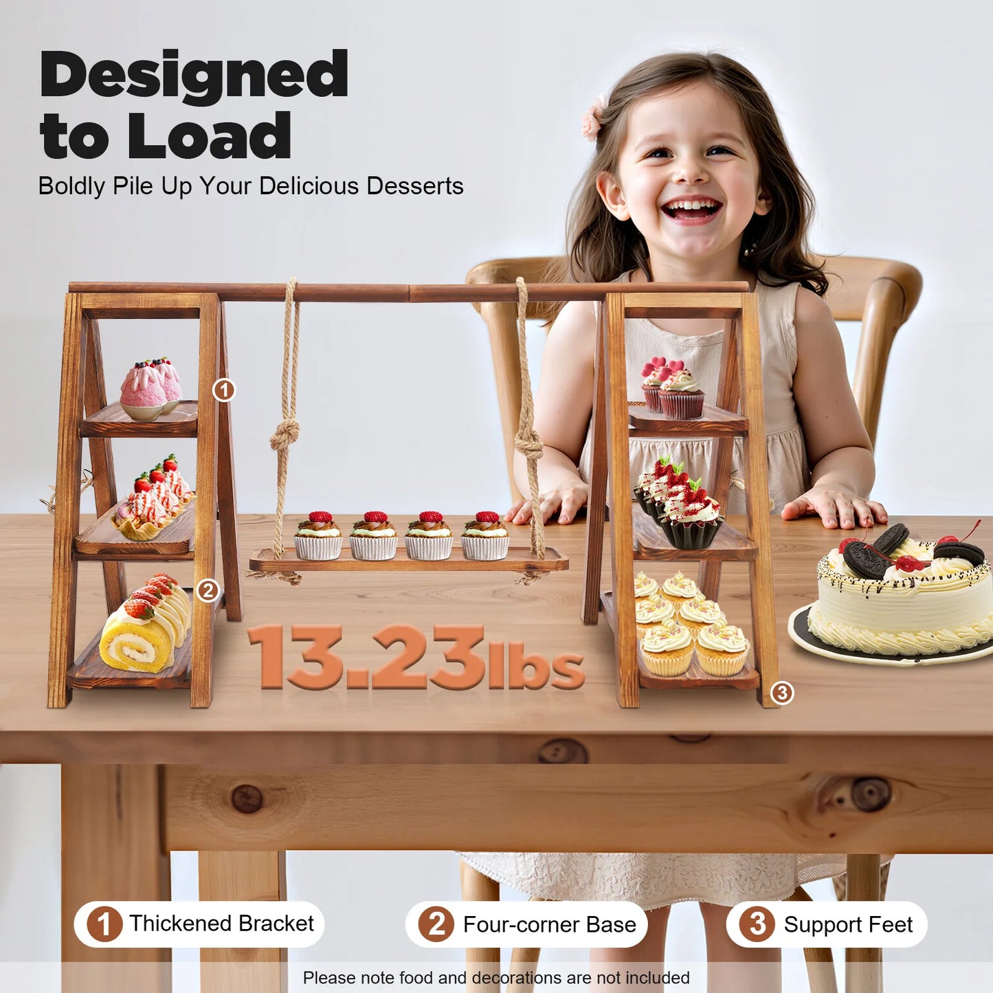 3-Tier Wooden Cake Stand Tray, Dessert Cakes Serving Tray, Wood Cupcake Stand for Weddings, Birthday