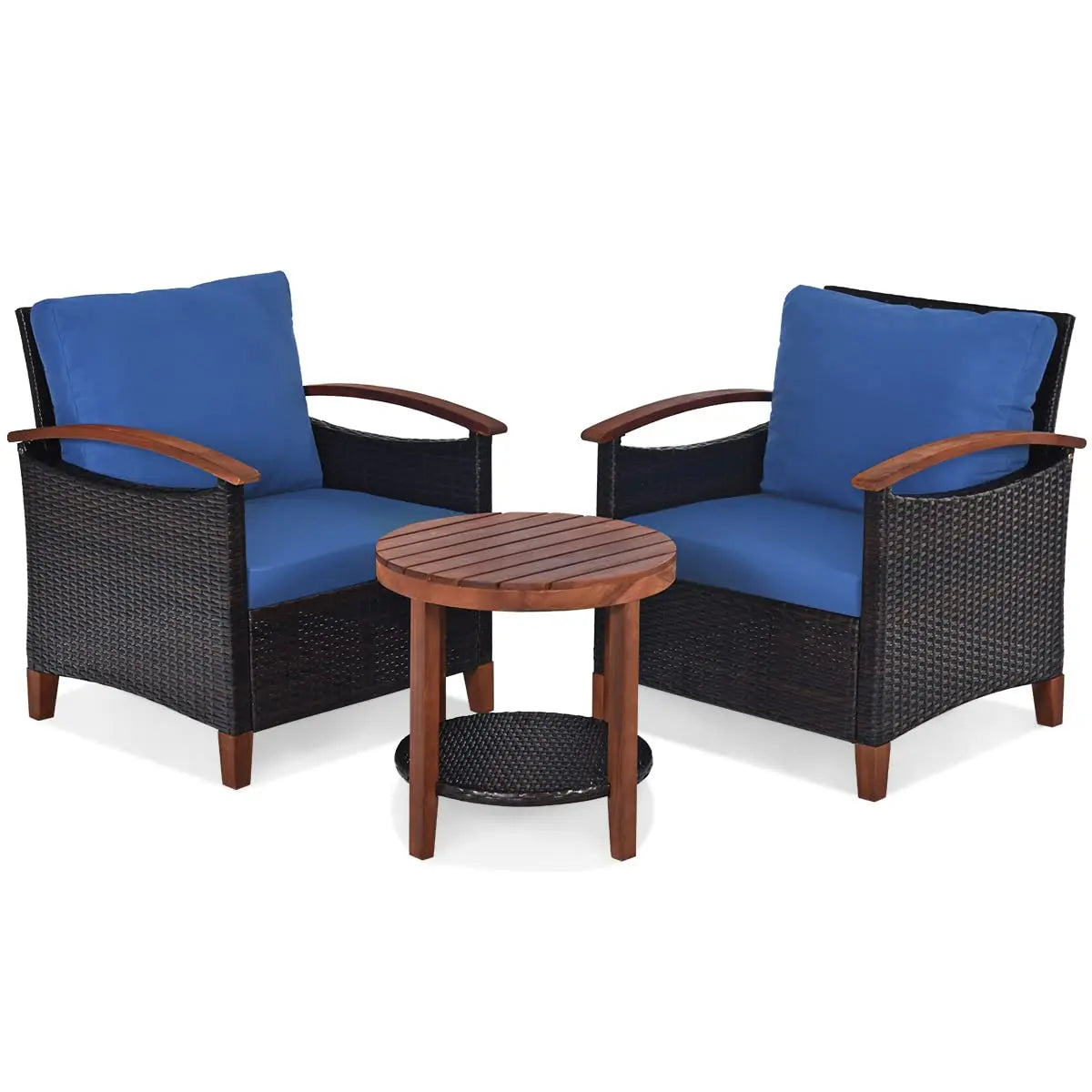 3-Piece Wicker Patio Set, Outdoor Rattan Table & Chairs with Wood Top for Balcony Porch Deck, All-Weather, Beige, Customized