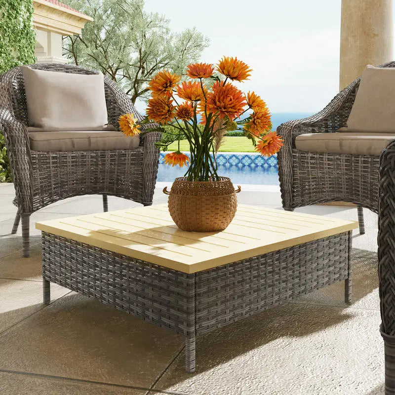 Outdoor Side Table with PE Rattan, Patio End Table with Natural Fir Wood Top, Weather Resistant Accent Table for Patio Pool P