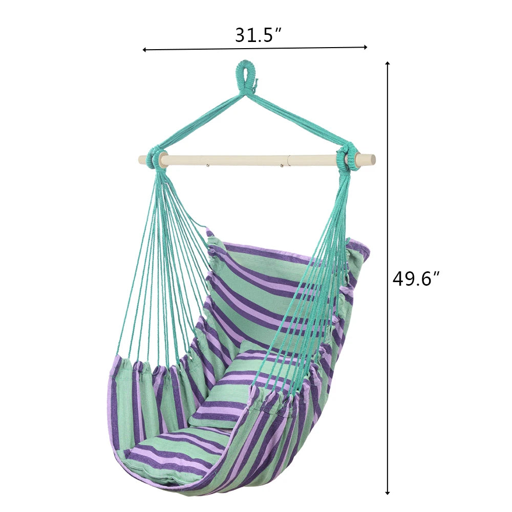 Outdoor Hanging Rope Chair Polyester Cotton with 2 Soft Pillows Green 250 Lbs Capacity for Garden Patio Porch Backyard Swing