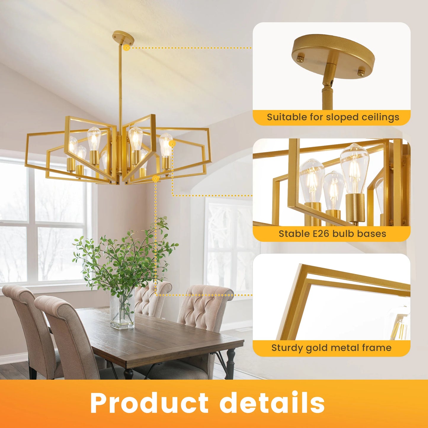 Modern 8-Light Geometric Chandelier Adjustable Height Metal Pendant Light with Black Frame & Golden Accents Ceiling Light Decor