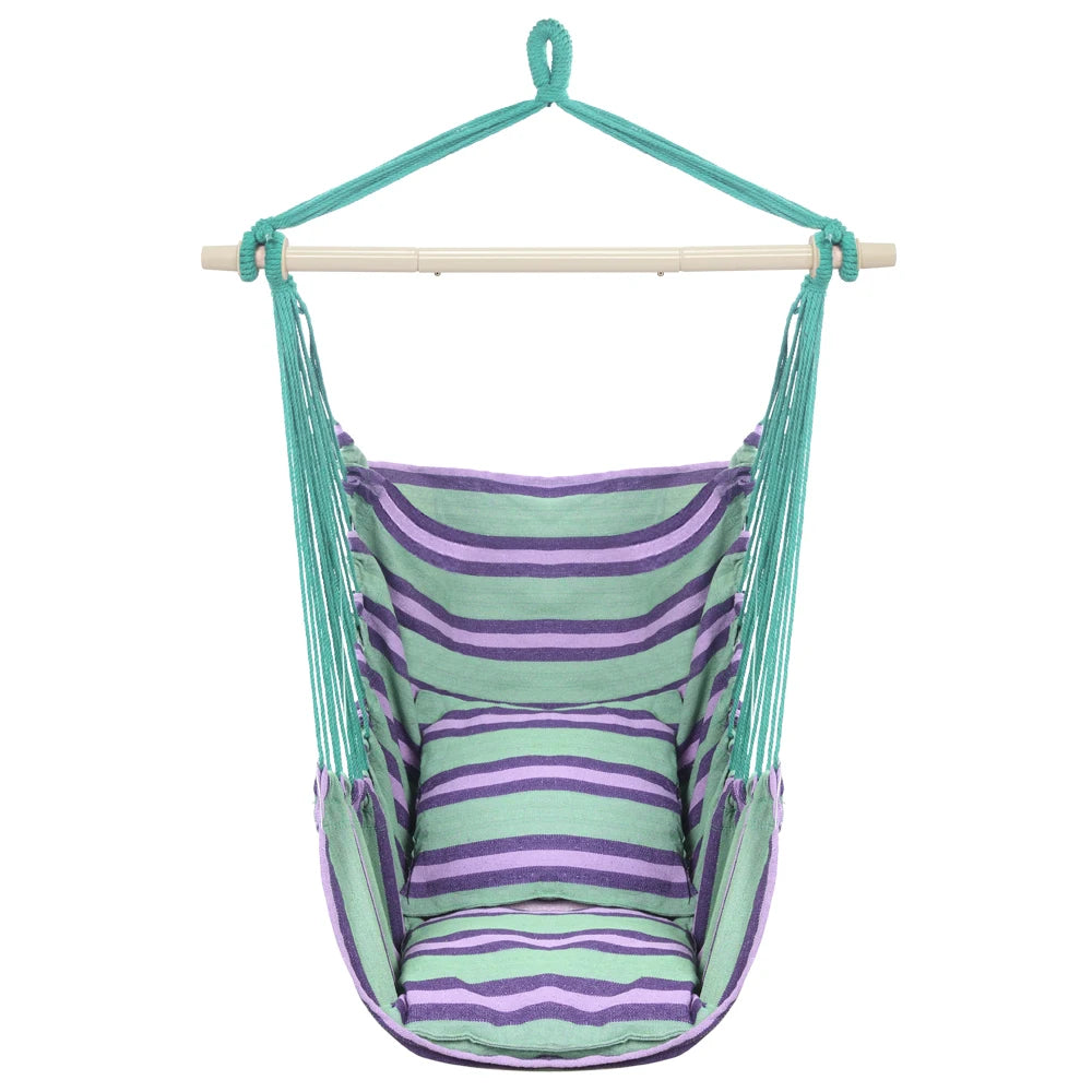 Outdoor Hanging Rope Chair Polyester Cotton with 2 Soft Pillows Green 250 Lbs Capacity for Garden Patio Porch Backyard Swing