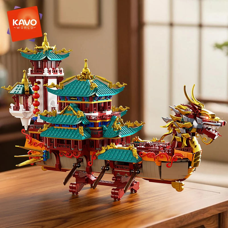 KAVOWORLD 2453PCS Chinese Dragon Boat Building Bricks Model Traditional Architecture STEM Toy Ideal Gift for Office Home Decor