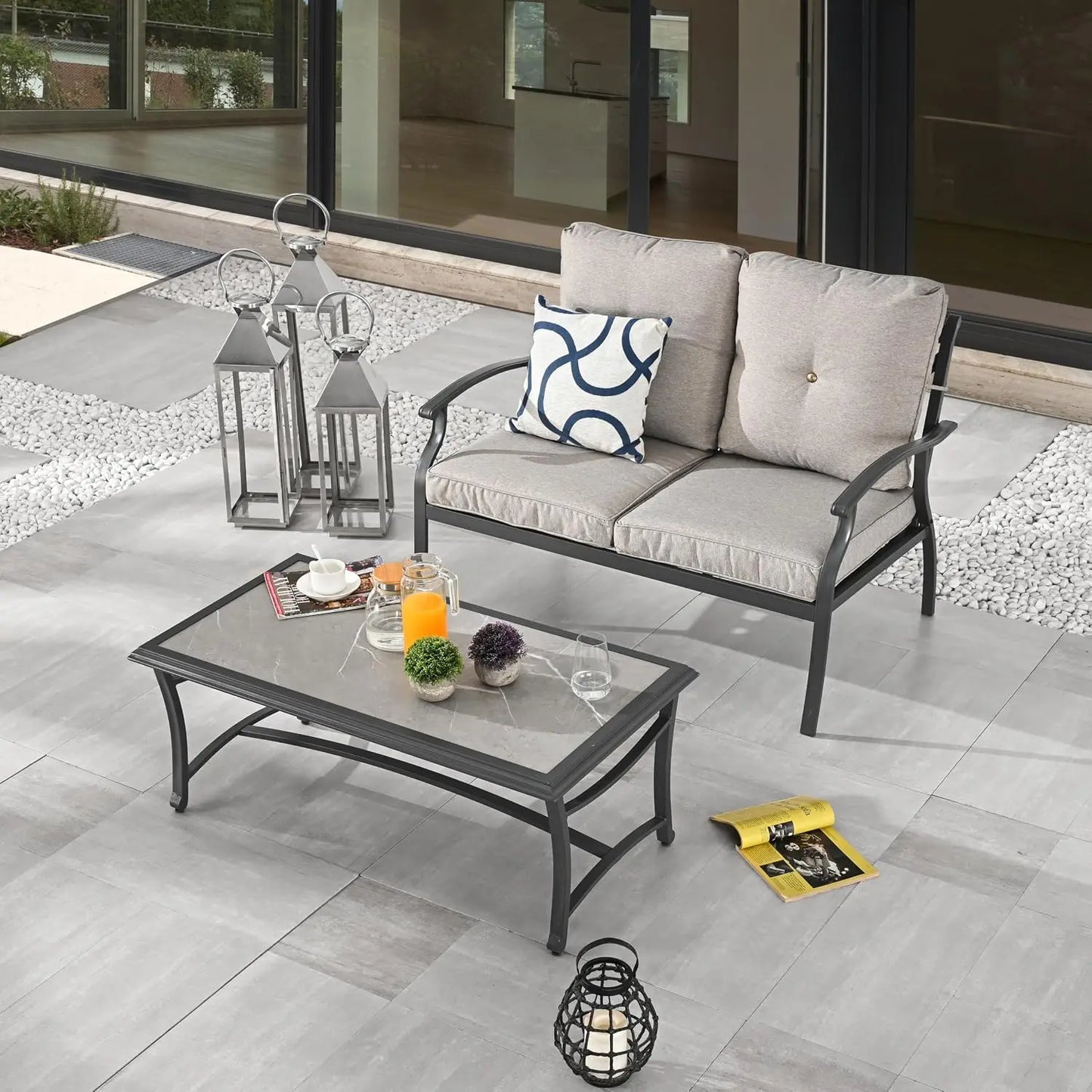 Patio Loveseat Bench Set with Thick Cushions & Coffee Table Outdoor Conversation Sofa for Backyard Deck Lawn, Grey, Customized