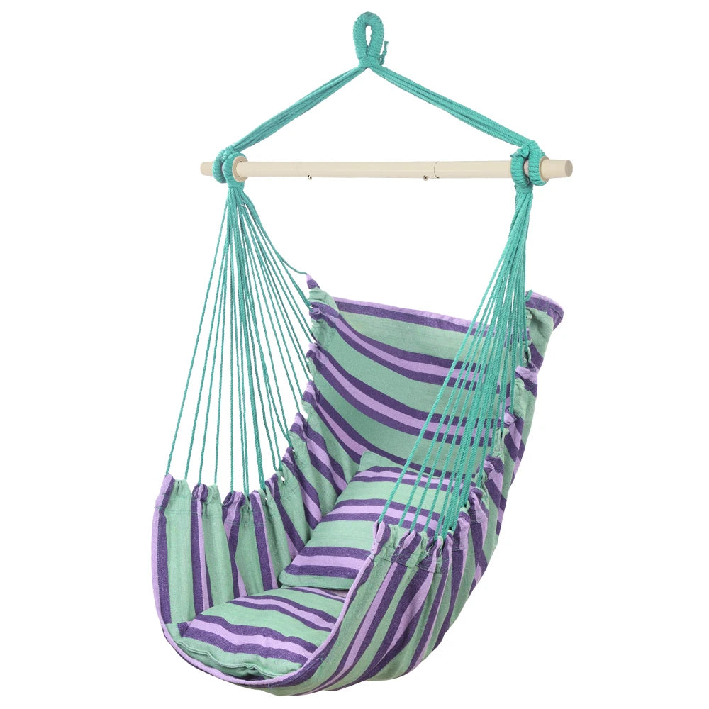 Outdoor Hanging Rope Chair Polyester Cotton with 2 Soft Pillows Green 250 Lbs Capacity for Garden Patio Porch Backyard Swing