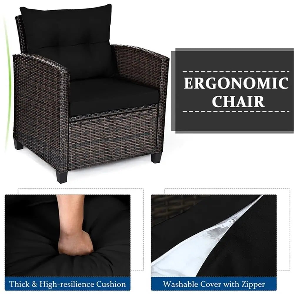 3PCS Rattan Patio Sofa Set, Cushioned Seat & Glass Table, Steel Frame Outdoor Garden Furniture, Customized