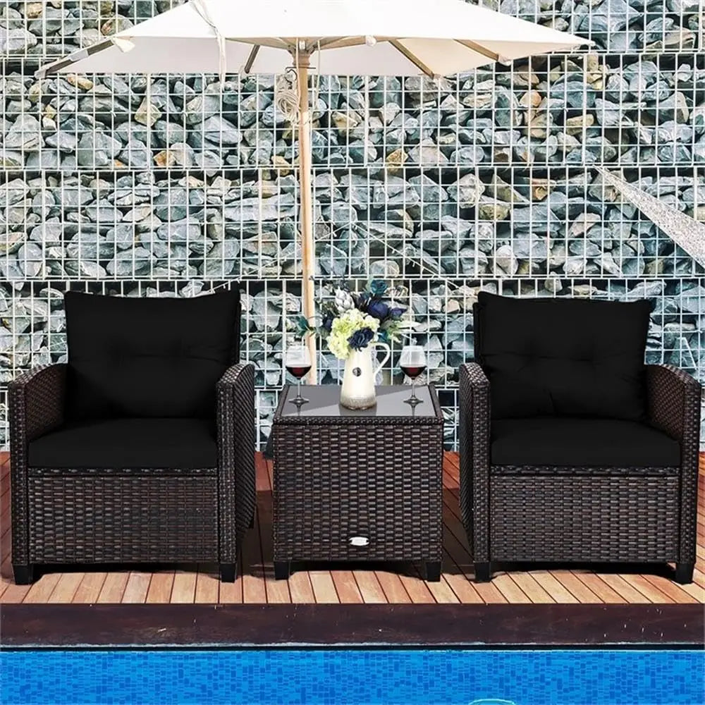 3PCS Rattan Patio Sofa Set, Cushioned Seat & Glass Table, Steel Frame Outdoor Garden Furniture, Customized