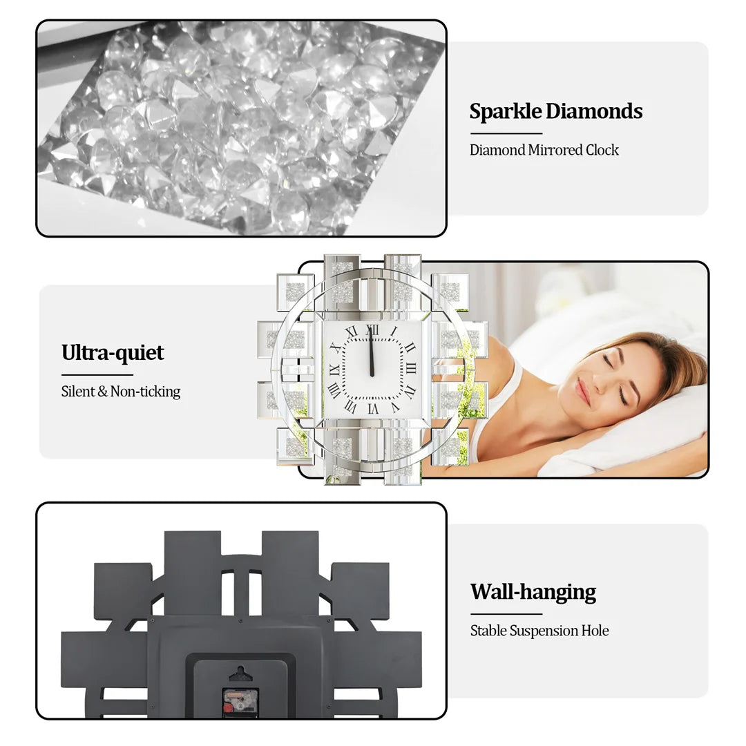 60CM Decorative Wall Clock with Silver/ Golden Crystal Crushed Diamond Inlay Battery Operated