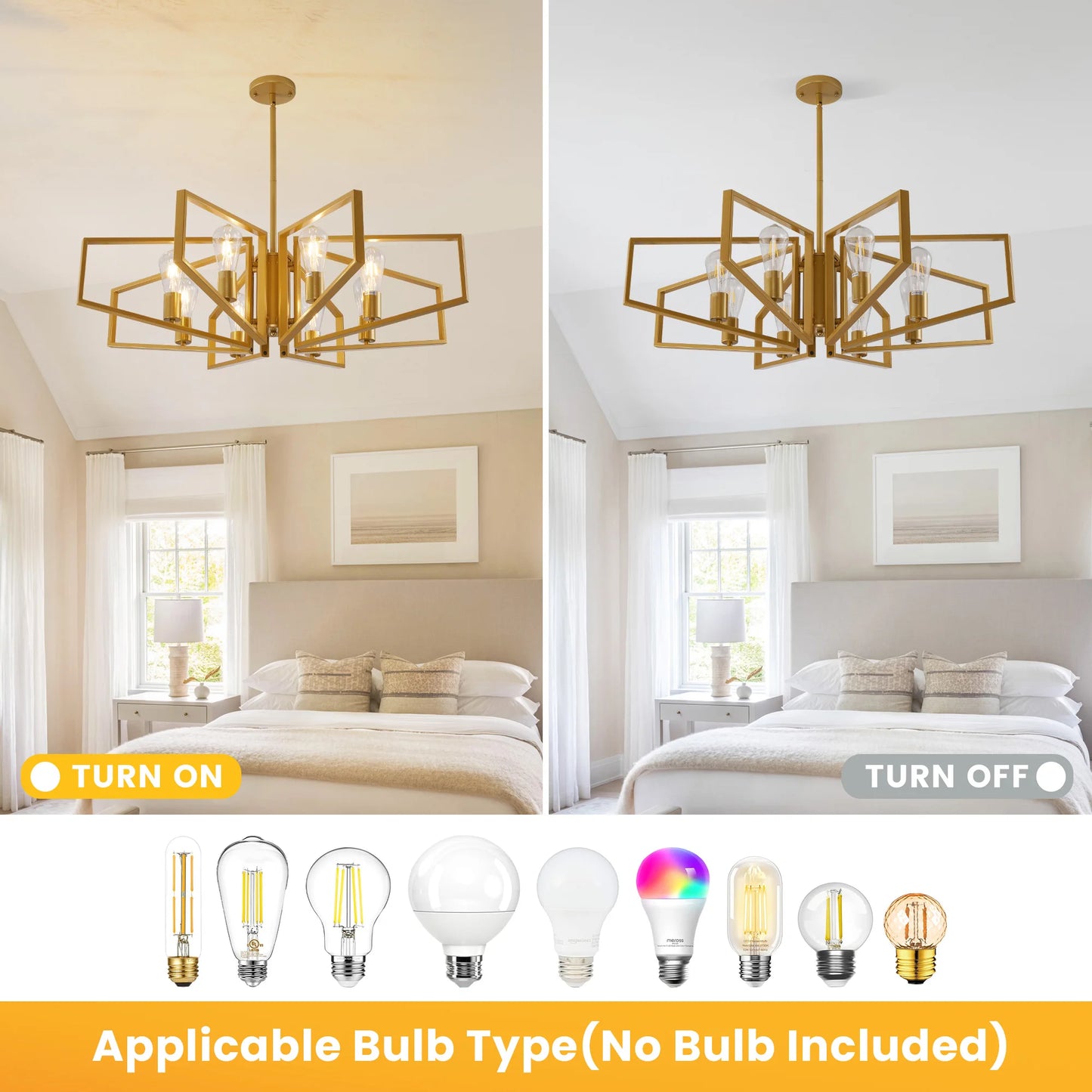 Modern 8-Light Geometric Chandelier Adjustable Height Metal Pendant Light with Black Frame & Golden Accents Ceiling Light Decor