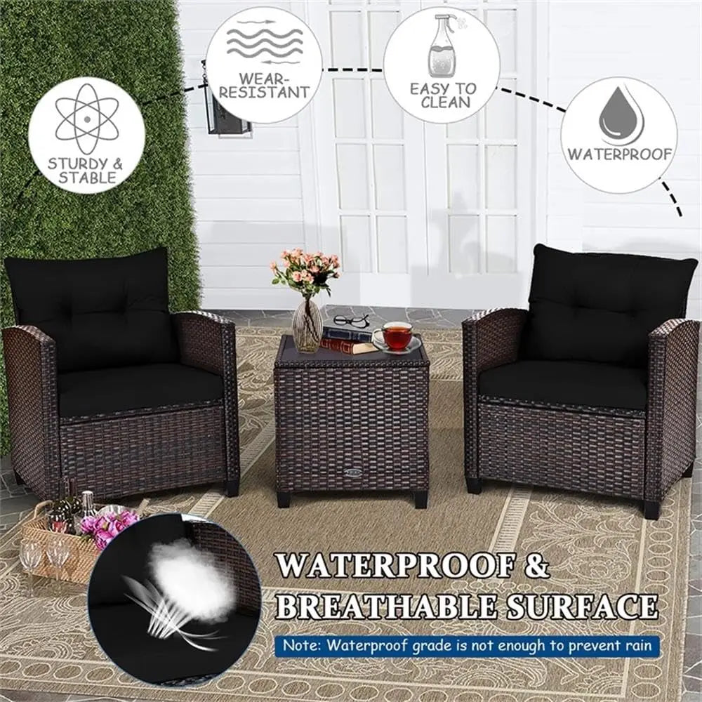 3PCS Rattan Patio Sofa Set, Cushioned Seat & Glass Table, Steel Frame Outdoor Garden Furniture, Customized