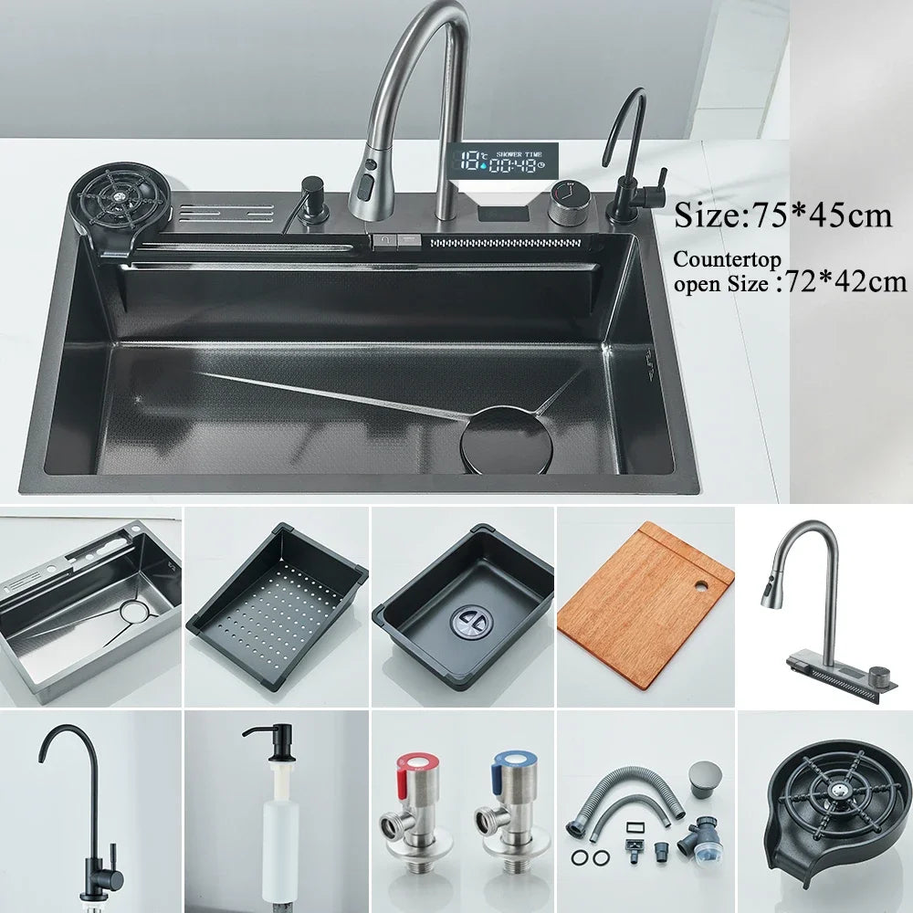 Hownifety Waterfall Sink Kitchen Stainless Steel Topmount Sink Large Single Slot Wash Basin With Multifunction Waterfall Faucet