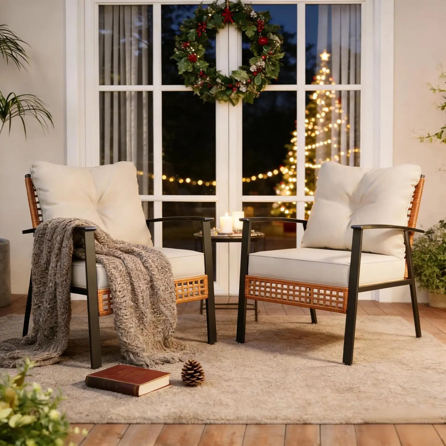 Outdoor Rattan Bistro Set, Patio Furniture Wicker Chairs Set of 2 with Deep Seating and Thick Cushions, Oversize, Customized