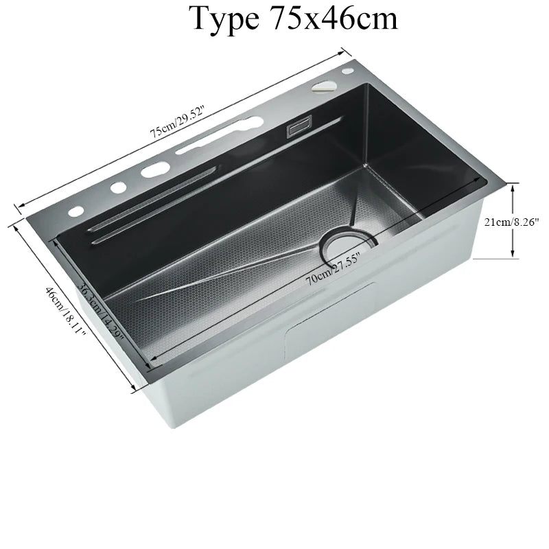 Hownifety Waterfall Sink Kitchen Stainless Steel Topmount Sink Large Single Slot Wash Basin With Multifunction Waterfall Faucet