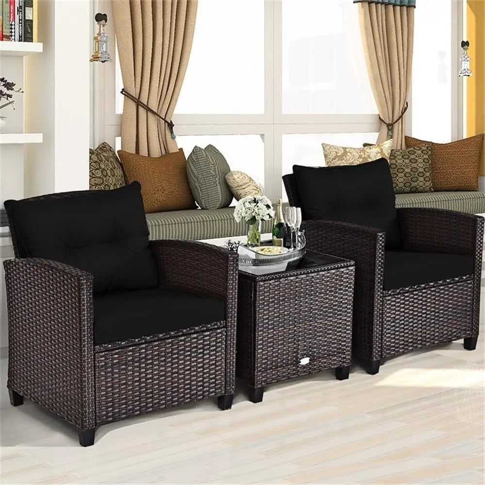 3PCS Rattan Patio Sofa Set, Cushioned Seat & Glass Table, Steel Frame Outdoor Garden Furniture, Customized