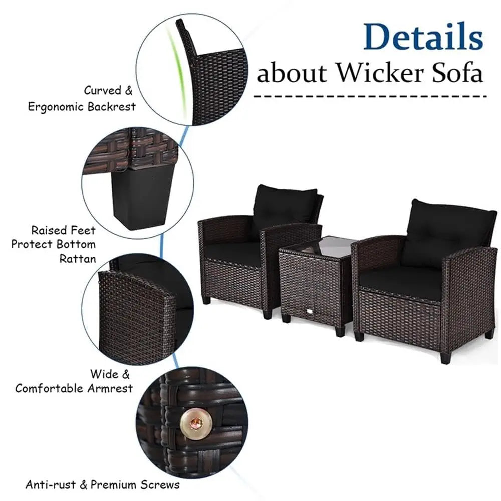 3PCS Rattan Patio Sofa Set, Cushioned Seat & Glass Table, Steel Frame Outdoor Garden Furniture, Customized