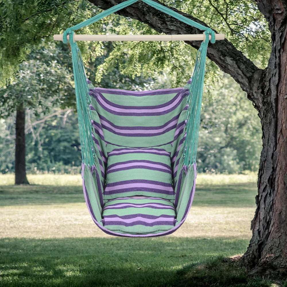 Outdoor Hanging Rope Chair Polyester Cotton with 2 Soft Pillows Green 250 Lbs Capacity for Garden Patio Porch Backyard Swing