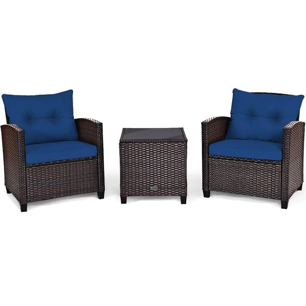 3PCS Rattan Patio Sofa Set, Cushioned Seat & Glass Table, Steel Frame Outdoor Garden Furniture, Customized