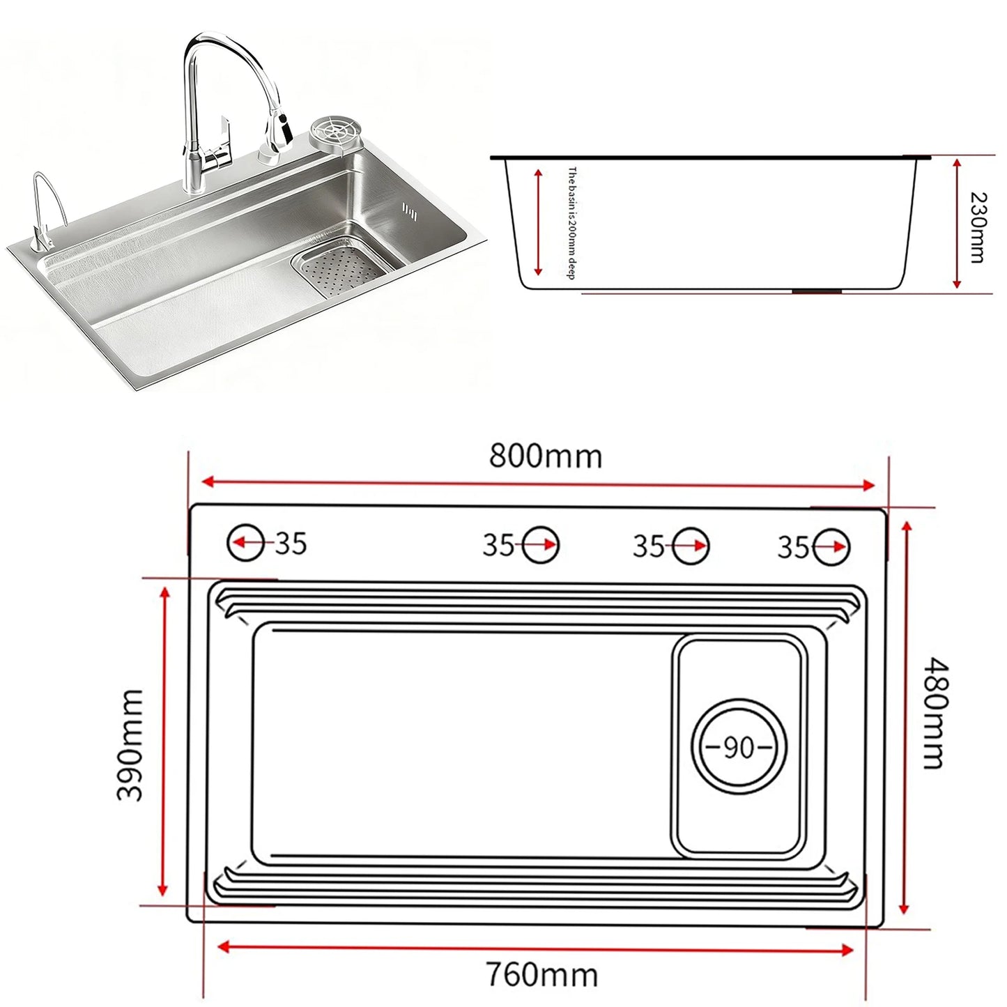 Undermount Sinks 304 Stainless Steel Kitchen Sink Embossed Single Bowl Large Dish Wash Single Slot Shipped from the US