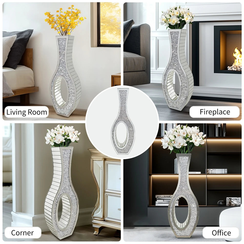 Tall Silver Mirrored Vase Decorative Crush Diamond Floor Grass Vase