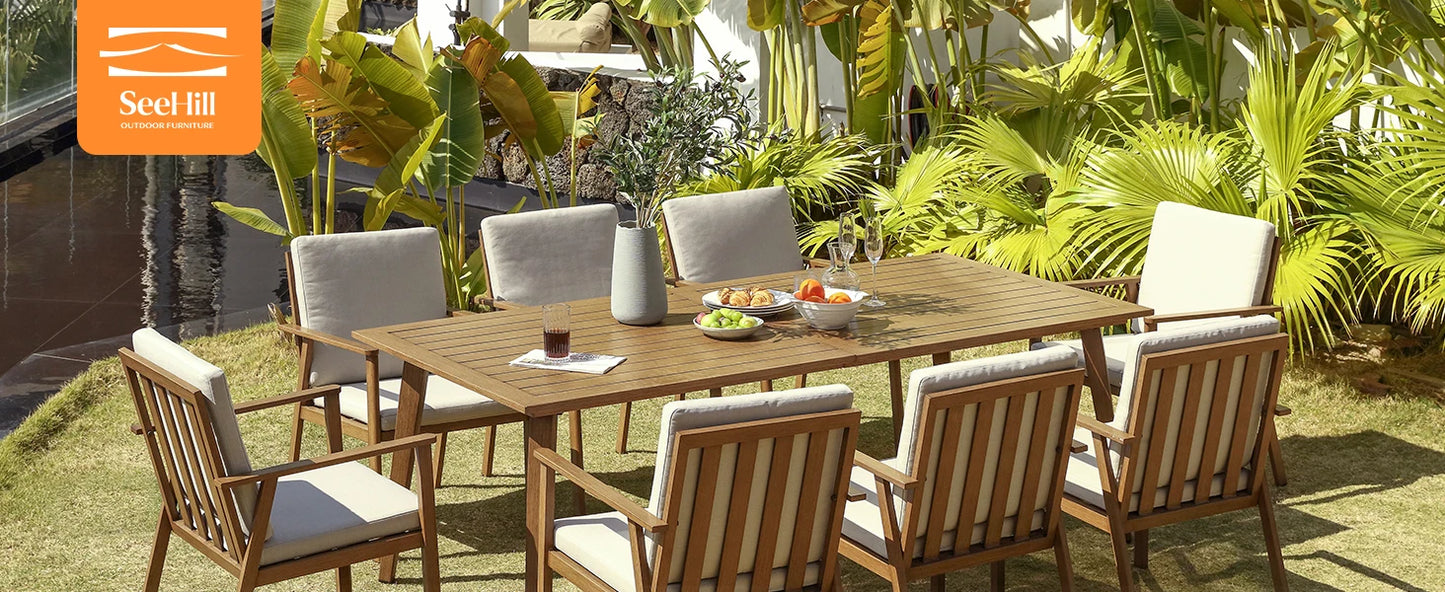 SeeHill 9 Pieces Patio Dining Set for 8, Outdoor Aluminum Dining Patio Table Furniture Set with Umbrella Hole for Poolside, Teak