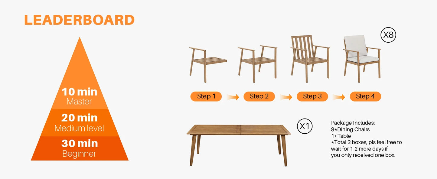 SeeHill 9 Pieces Patio Dining Set for 8, Outdoor Aluminum Dining Patio Table Furniture Set with Umbrella Hole for Poolside, Teak