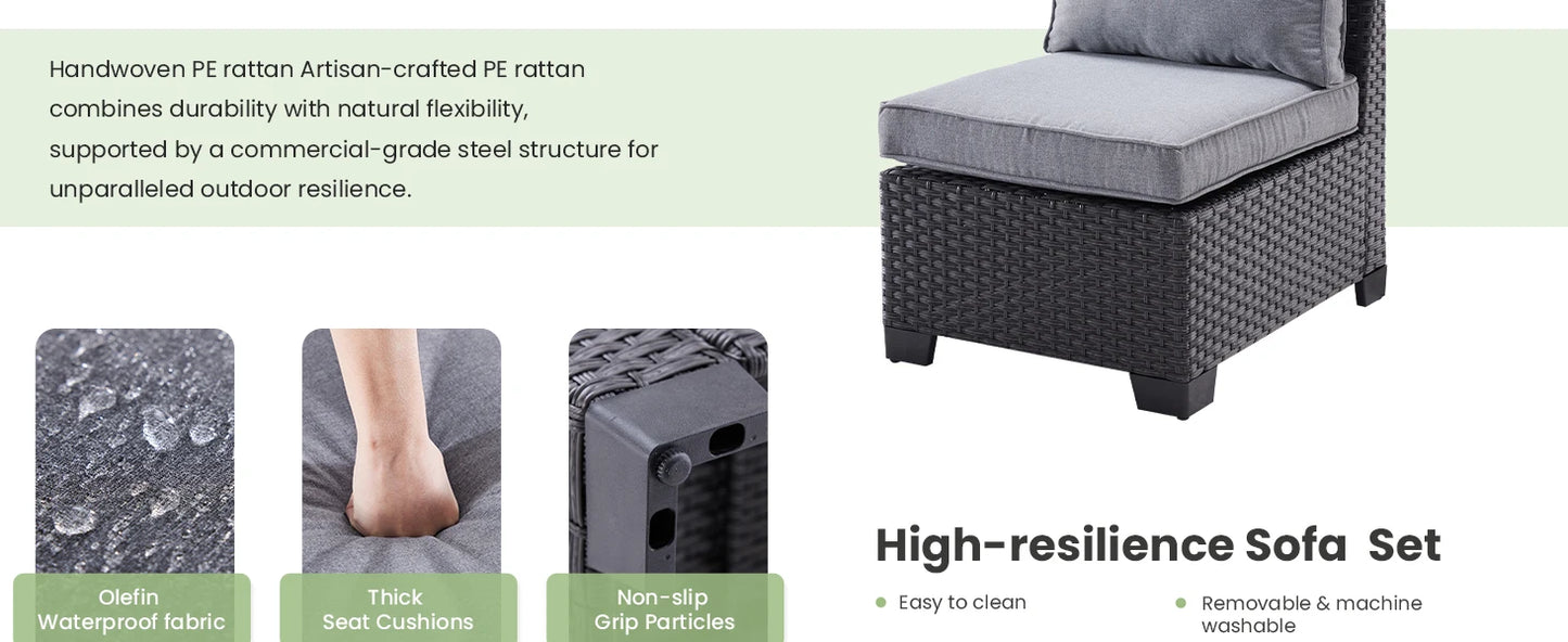 Farini Patio Sectional Sofa Set, Outdoor Furniture with Ottoman, Water/Oil/Stain-Resistant Fabric, Dark Gray Cushion + Gray Wick
