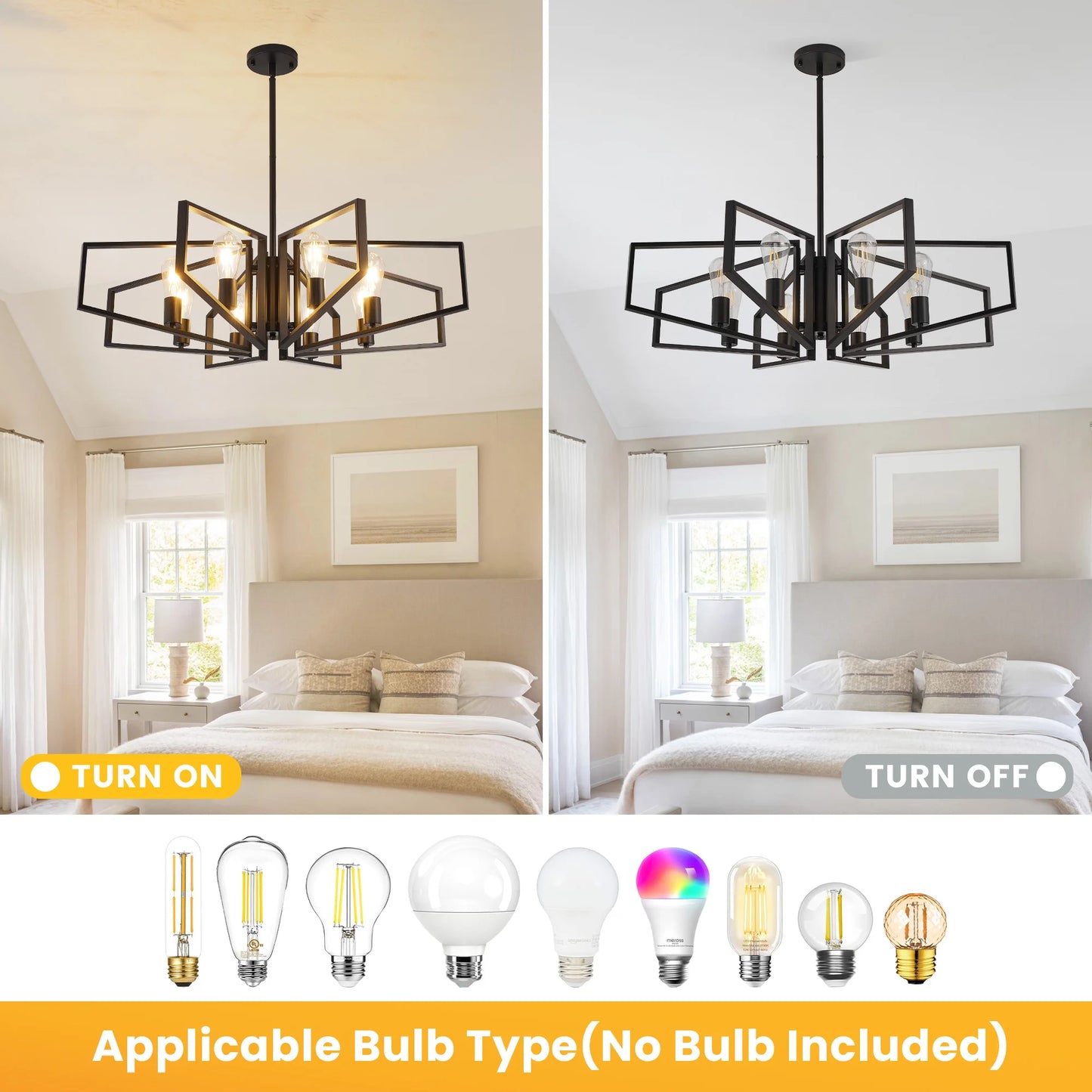 Modern 8-Light Geometric Chandelier Adjustable Height Metal Pendant Light with Black Frame & Golden Accents Ceiling Light Decor