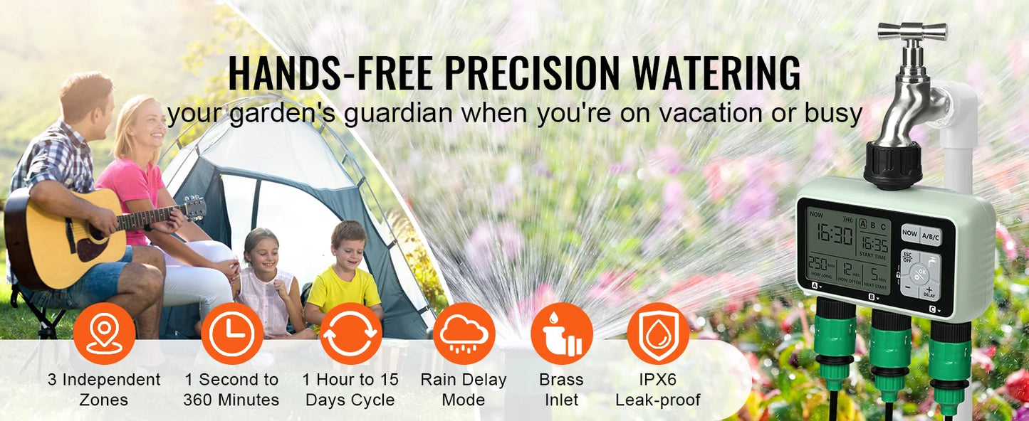 SucceBuy Water Timer 3 Outlets Hose 3 Independent Watering Zone LCD Display Rain Delay Mode Manual Mode Watering Sprinkler Timer