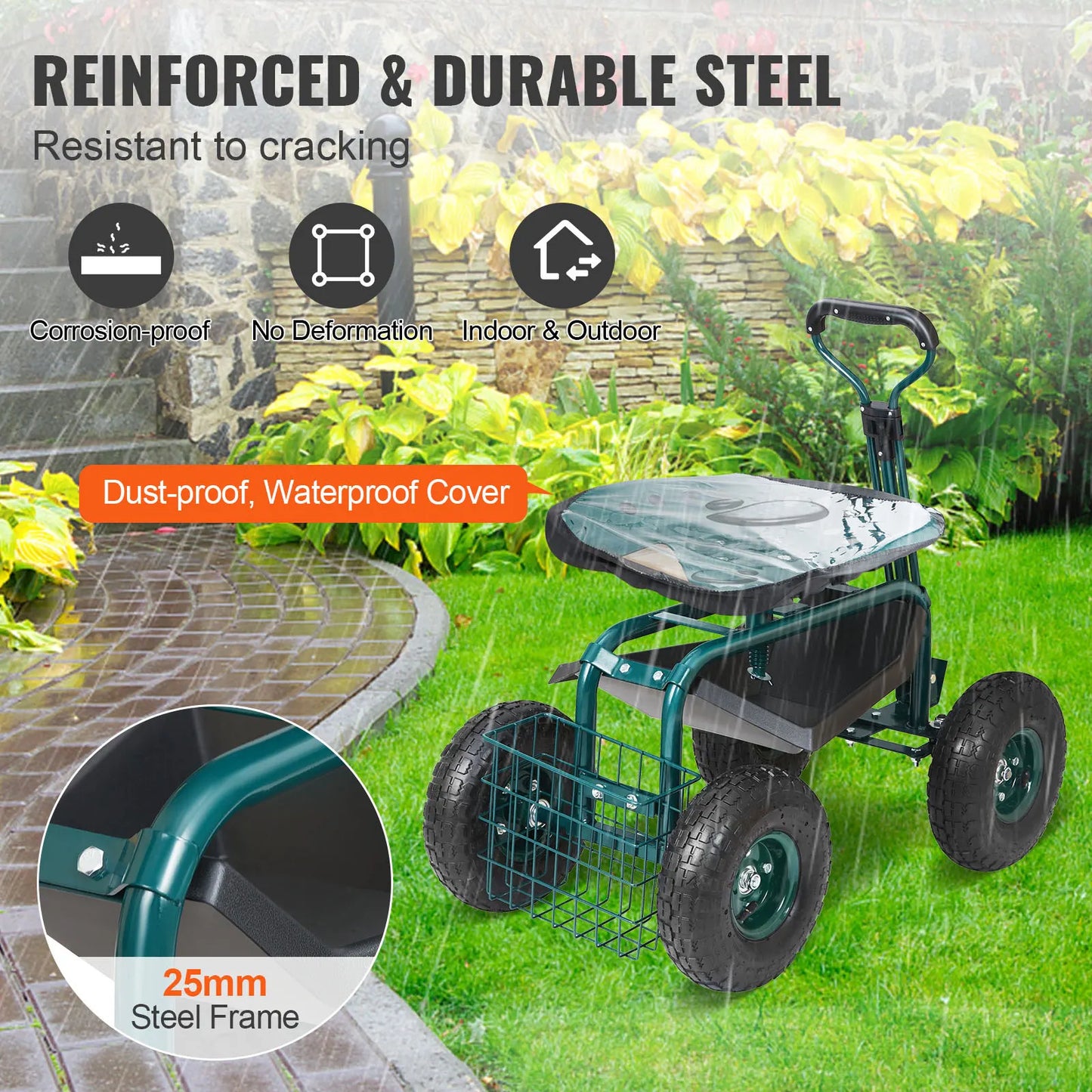 SucceBuy Garden Cart Rolling Workseat with Wheels Gardening Stool for Planting 360Degree Swivel Seat Wagon Scooter with Steering