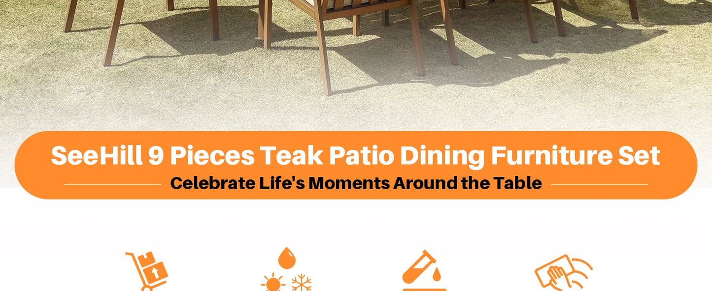 SeeHill 9 Pieces Patio Dining Set for 8, Outdoor Aluminum Dining Patio Table Furniture Set with Umbrella Hole for Poolside, Teak