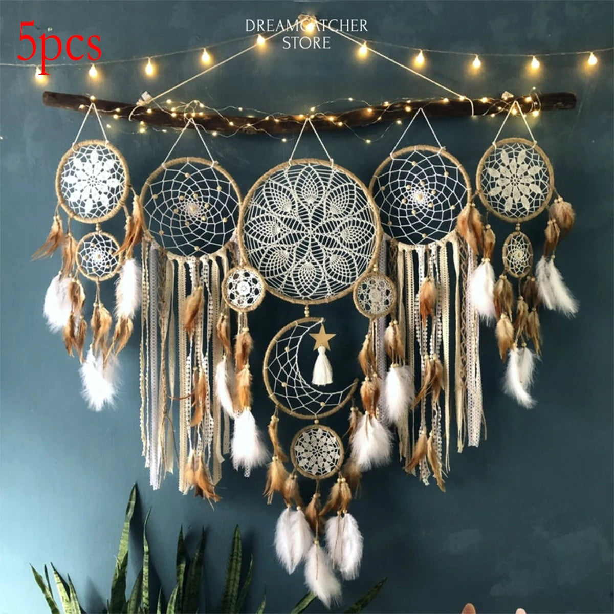5-piece large Dream Catcher, handcrafted Moon Dream Chaser, Bohemian wall decoration Moon and Sun Sweet Dream Bedside decoration