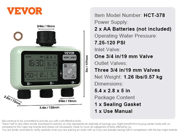 SucceBuy Water Timer 3 Outlets Hose 3 Independent Watering Zone LCD Display Rain Delay Mode Manual Mode Watering Sprinkler Timer