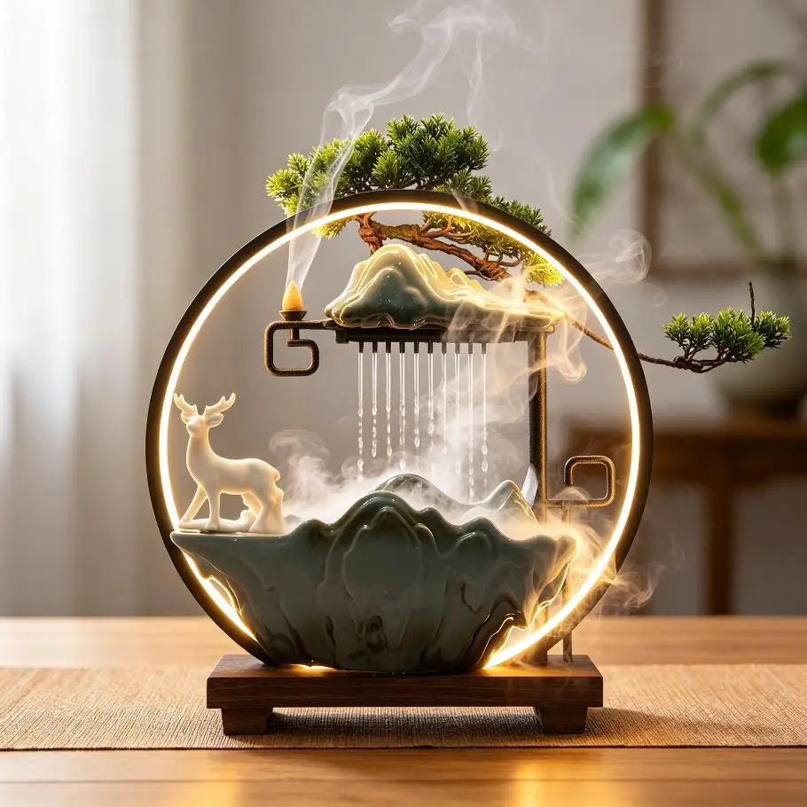 Bymaocar Decorative Water Fountain Tabletop Fountain LED Light Mist Effect Indoor Fountain Simulated Landscape Bonsai Tree Home Office Desk Decor Zen Relaxation Gift