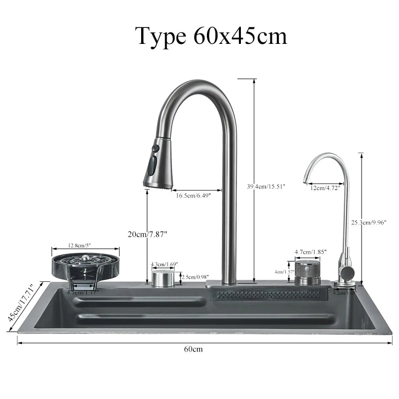 Hownifety Waterfall Sink Kitchen Stainless Steel Topmount Sink Large Single Slot Wash Basin With Multifunction Waterfall Faucet