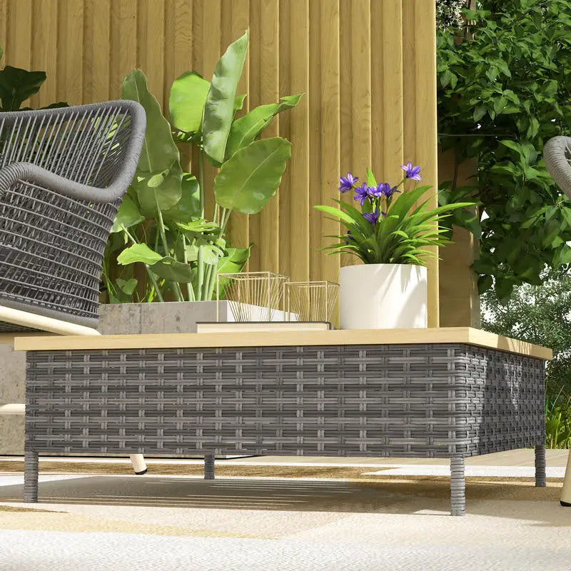 Outdoor Side Table with PE Rattan, Patio End Table with Natural Fir Wood Top, Weather Resistant Accent Table for Patio Pool P