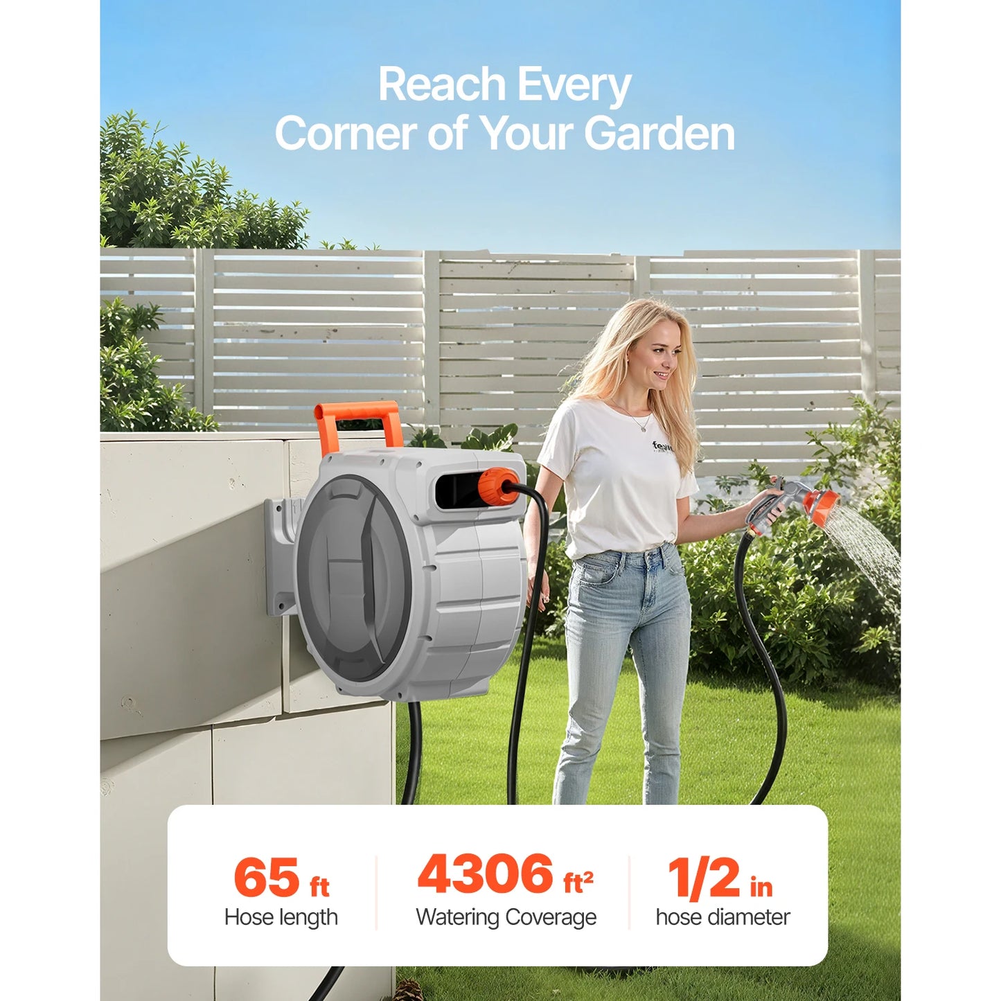 SucceBuy Retractable Garden Hose Reel Wall Mounted Hose Reel Heavy Duty Garden Hose Reel with 9Pattern Nozzle 180°Swivel Bracket