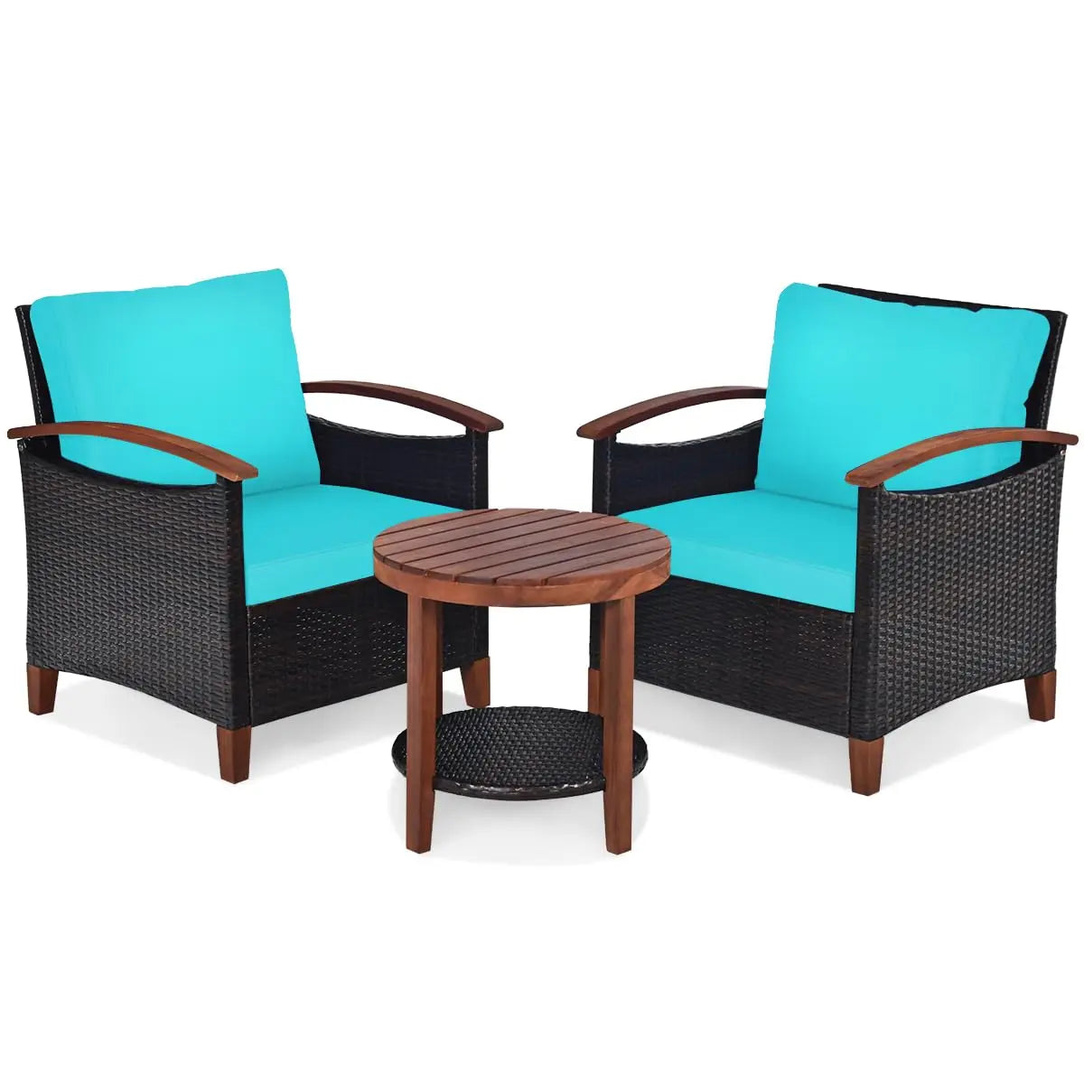3-Piece Wicker Patio Set, Outdoor Rattan Table & Chairs with Wood Top for Balcony Porch Deck, All-Weather, Beige, Customized