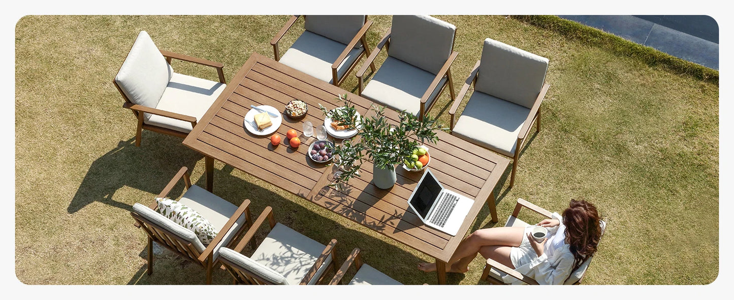 SeeHill 9 Pieces Patio Dining Set for 8, Outdoor Aluminum Dining Patio Table Furniture Set with Umbrella Hole for Poolside, Teak