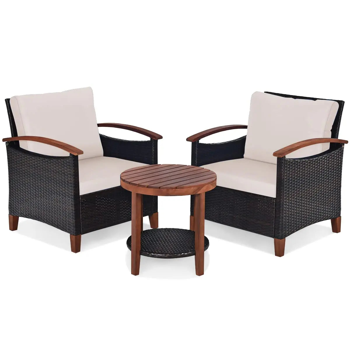 3-Piece Wicker Patio Set, Outdoor Rattan Table & Chairs with Wood Top for Balcony Porch Deck, All-Weather, Beige, Customized