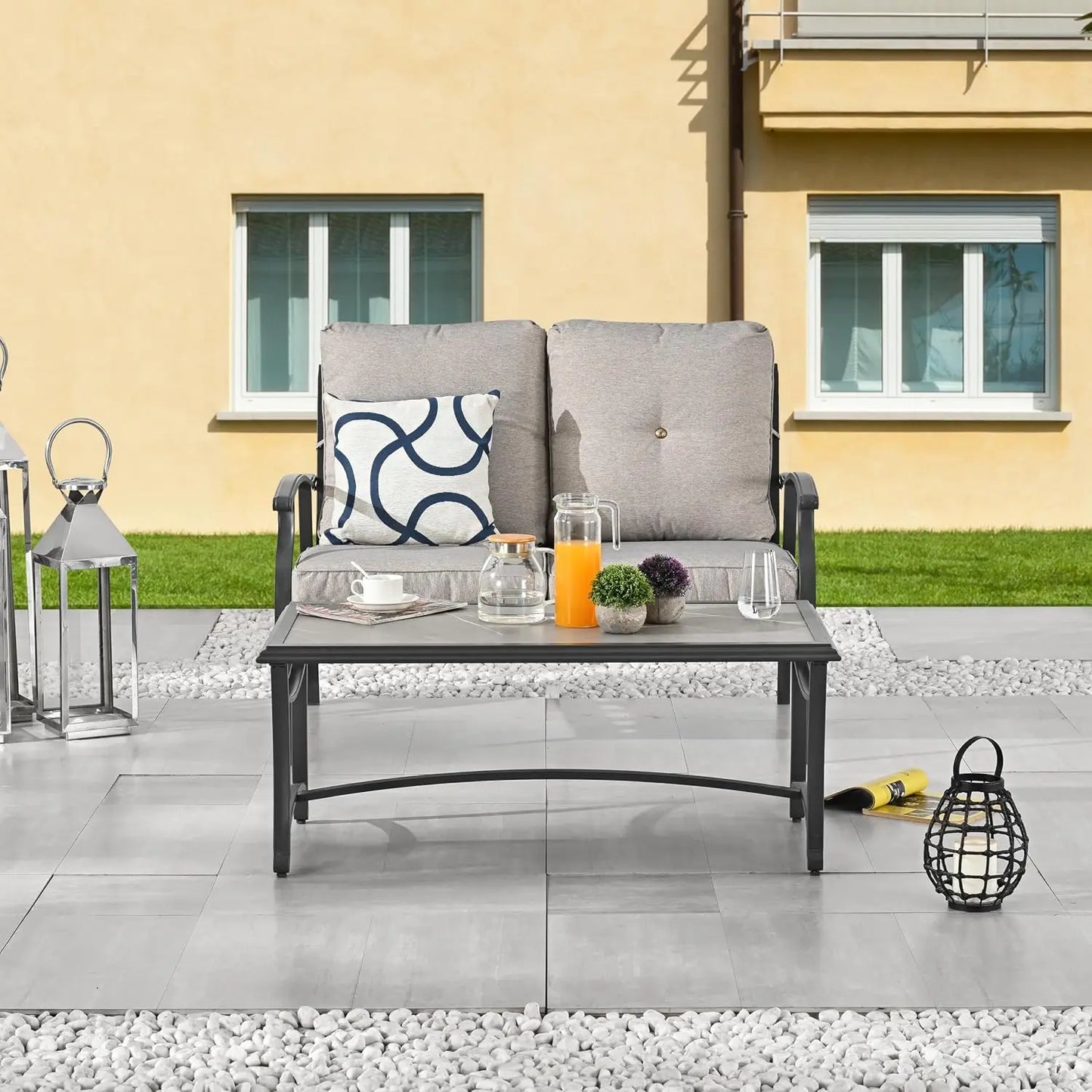 Patio Loveseat Bench Set with Thick Cushions & Coffee Table Outdoor Conversation Sofa for Backyard Deck Lawn, Grey, Customized