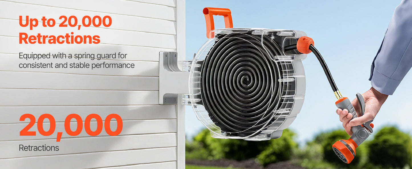 SucceBuy Retractable Garden Hose Reel Wall Mounted Hose Reel Heavy Duty Garden Hose Reel with 9Pattern Nozzle 180°Swivel Bracket