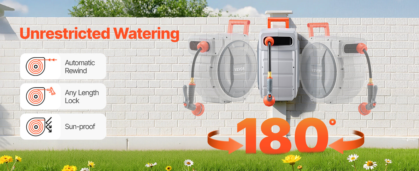 SucceBuy Retractable Garden Hose Reel Wall Mounted Hose Reel Heavy Duty Garden Hose Reel with 9Pattern Nozzle 180°Swivel Bracket